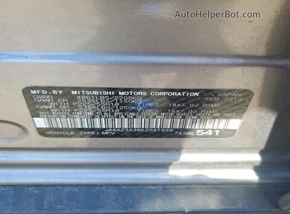 JA4AZ3A36KZ041939 2019 MITSUBISHI OUTLANDER Gray Widok naklejki z numerem VIN