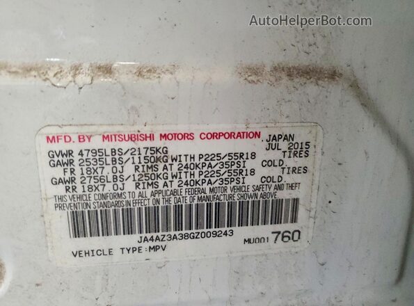JA4AZ3A38GZ009243 2016 MITSUBISHI OUTLANDER White VIN კოდის სტიკერის ხედი