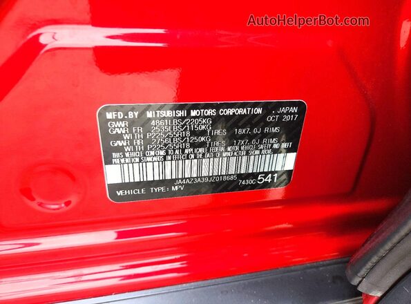 JA4AZ3A39JZ018685 2018 MITSUBISHI OUTLANDER Red Widok naklejki z numerem VIN