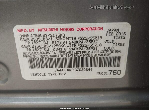 JA4AZ3A3XGZ030644 2016 MITSUBISHI OUTLANDER Gray Widok komory silnika
