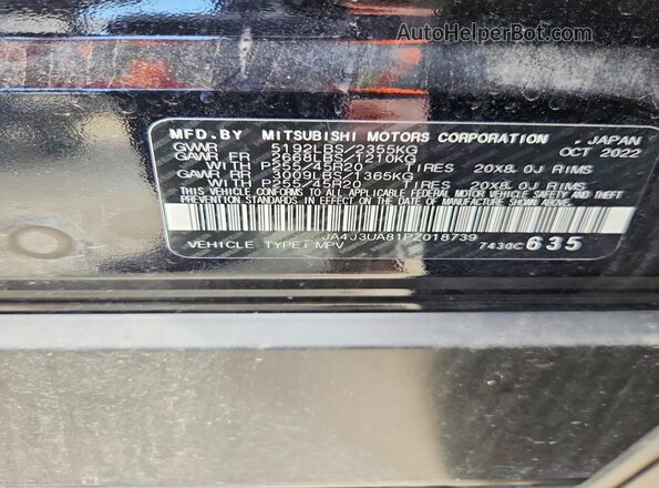 JA4J3UA81PZ018739 2023 MITSUBISHI OUTLANDER Black VIN კოდის სტიკერის ხედი