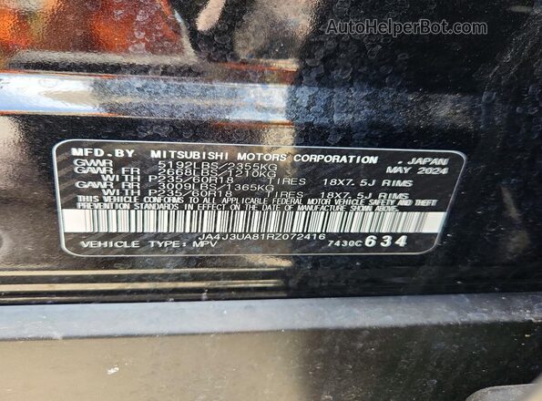 JA4J3UA81RZ072416 2024 MITSUBISHI OUTLANDER Black VIN կոդի պիտակի տեսք