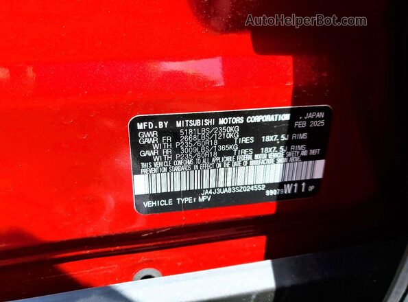 JA4J3UA83SZ024552 2025 MITSUBISHI OUTLANDER Красный Вид наклейки с VIN-кодом
