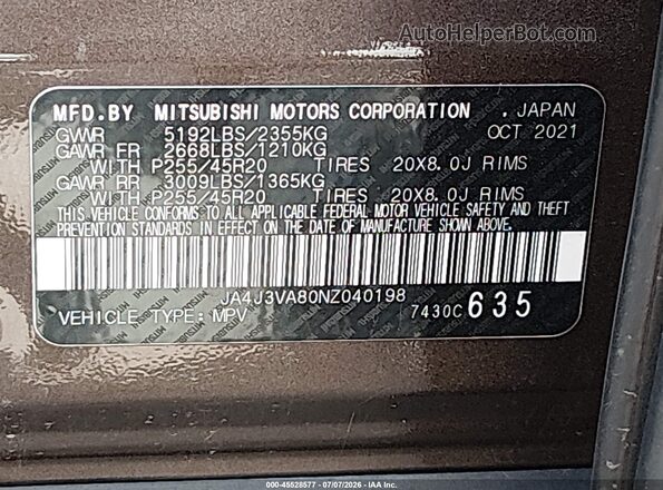 JA4J3VA80NZ040198 2022 MITSUBISHI OUTLANDER Brown Engine compartment view