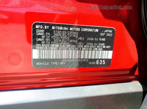 JA4J3VA81PZ007472 2023 MITSUBISHI OUTLANDER Бордовый Вид наклейки с VIN-кодом
