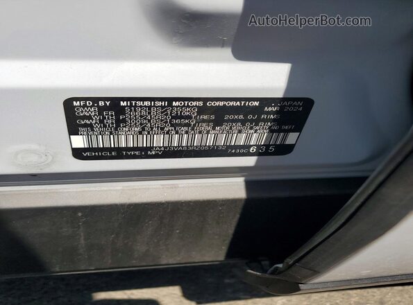 JA4J3VA83RZ057132 2024 MITSUBISHI OUTLANDER White VIN կոդի պիտակի տեսք