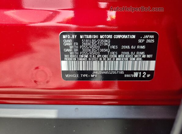 JA4J3VA85SZ057185 2025 MITSUBISHI OUTLANDER Red VIN sticker view