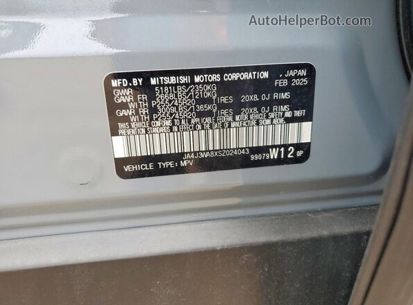 JA4J3WA8XSZ024043 2025 MITSUBISHI OUTLANDER Blue Вид наклейки з VIN-кодом
