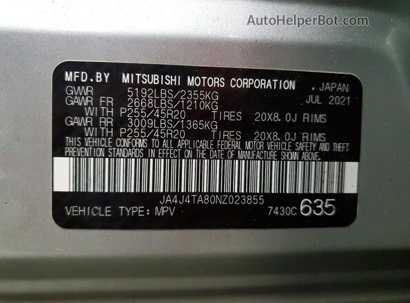 JA4J4TA80NZ023855 2022 MITSUBISHI OUTLANDER Silver VIN կոդի պիտակի տեսք