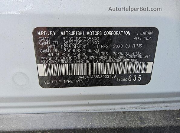 JA4J4TA88NZ033159 2022 MITSUBISHI OUTLANDER White VIN կոդի պիտակի տեսք