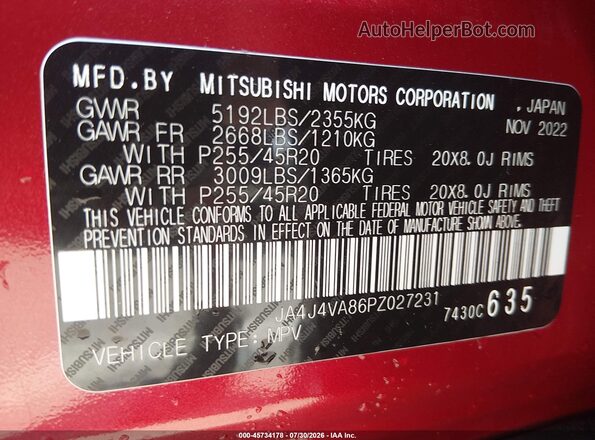 JA4J4VA86PZ027231 2023 MITSUBISHI OUTLANDER Burgundy Widok komory silnika