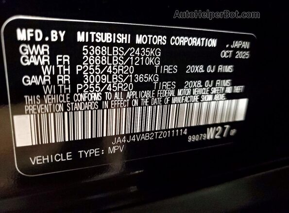 JA4J4VAB2TZ011114 2026 MITSUBISHI OUTLANDER Black VIN կոդի պիտակի տեսք