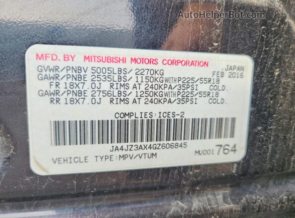 JA4JZ3AX4GZ606845 2016 MITSUBISHI OUTLANDER Black Engine compartment view