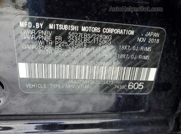 JA4JZ3AX5KZ605423 2019 MITSUBISHI OUTLANDER Black Vista de la etiqueta del VIN