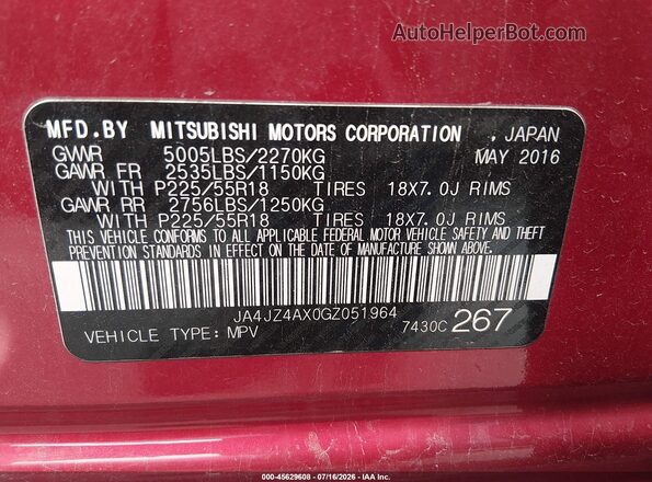 JA4JZ4AX0GZ051964 2016 MITSUBISHI OUTLANDER Red Engine compartment view