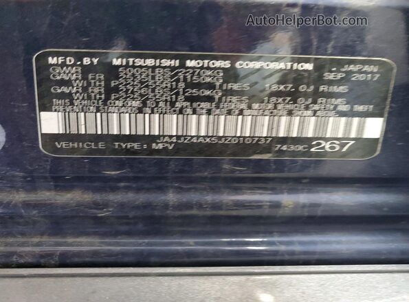 JA4JZ4AX5JZ010737 2018 MITSUBISHI OUTLANDER Blue VIN კოდის სტიკერის ხედი