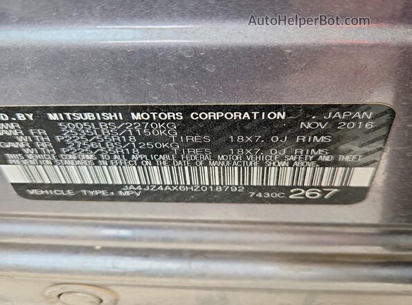 JA4JZ4AX6HZ018792 2017 MITSUBISHI OUTLANDER Gray VIN sticker view