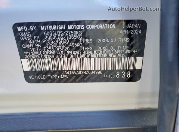 JA4T5VA93RZ064996 2024 MITSUBISHI OUTLANDER White Vista interior de 360 grados