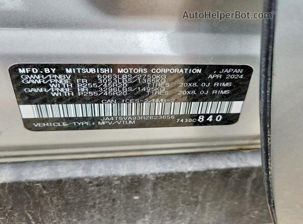 JA4T5VA93RZ623656 2024 MITSUBISHI OUTLANDER Silver Widok naklejki z numerem VIN