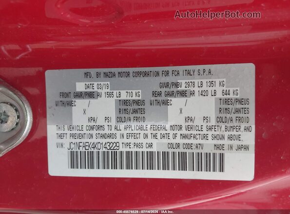JC1NFAEK4K0143229 2019 FIAT 124 SPIDER Red ძრავის განყოფილების ხედი
