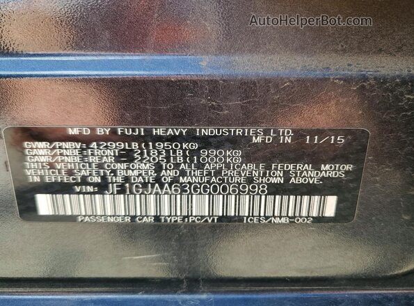JF1GJAA63GG006998 2016 SUBARU IMPREZA Серый Вид наклейки с VIN-кодом