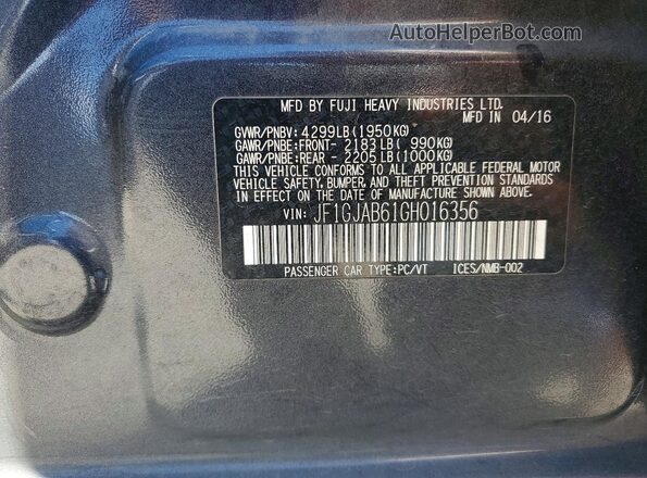 JF1GJAB61GH016356 2016 SUBARU IMPREZA Gray VIN sticker view