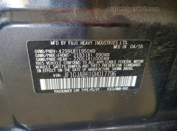 JF1GJAB61GH017796 2016 SUBARU IMPREZA Charcoal ძრავის განყოფილების ხედი