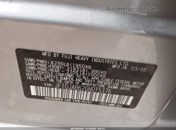 JF1GJAB62GH015376 2016 SUBARU IMPREZA Серебряный Вид подкапотного пространства