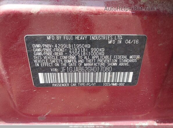 JF1GJAB62GH017080 2016 SUBARU IMPREZA Red Вид підкапотного простору