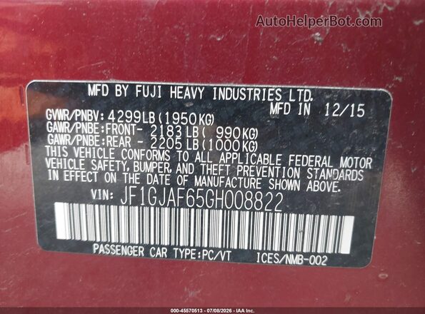 JF1GJAF65GH008822 2016 SUBARU IMPREZA Red Widok komory silnika
