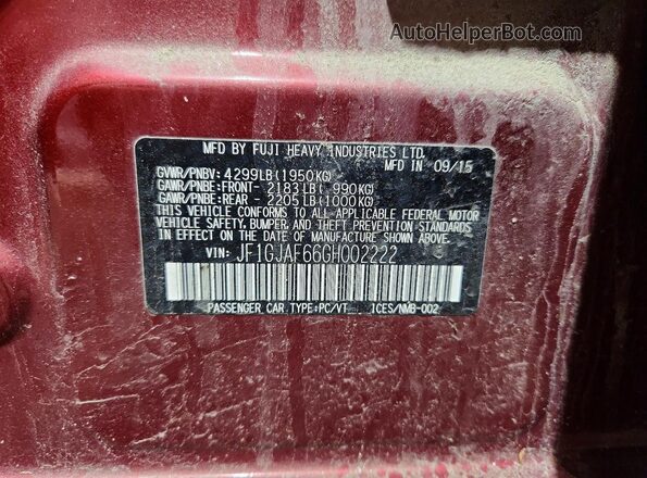 JF1GJAF66GH002222 2016 SUBARU IMPREZA Burgundy Engine compartment view