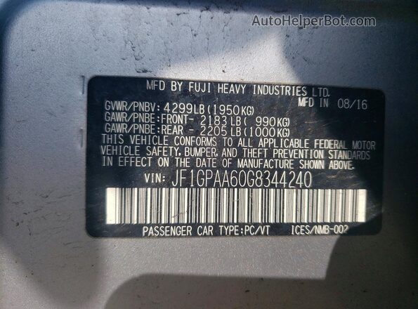 JF1GPAA60G8344240 2016 SUBARU IMPREZA Silver Вид наклейки з VIN-кодом