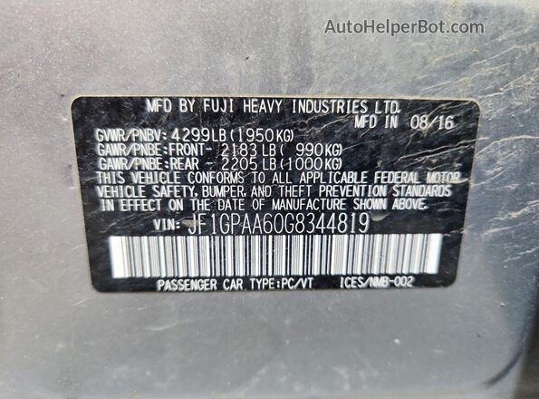 JF1GPAA60G8344819 2016 SUBARU IMPREZA Silver Вид наклейки з VIN-кодом