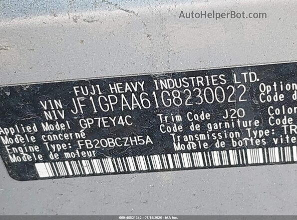 JF1GPAA61G8230022 2016 SUBARU IMPREZA Silver Շարժիչի բաժամունքի տեսք