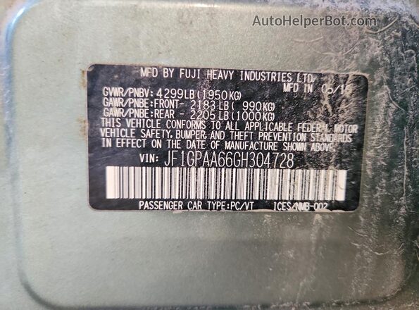 JF1GPAA66GH304728 2016 SUBARU IMPREZA Green Vista interior de 360 grados