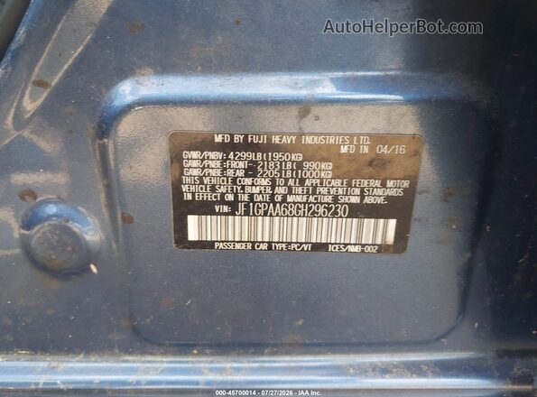 JF1GPAA68GH296230 2016 SUBARU IMPREZA Blue ძრავის განყოფილების ხედი