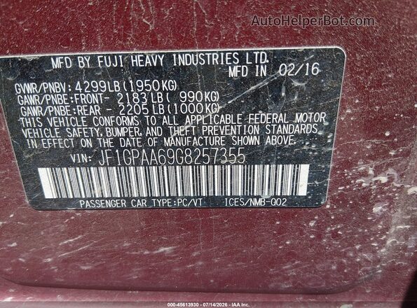 JF1GPAA69G8257355 2016 SUBARU IMPREZA Red ძრავის განყოფილების ხედი