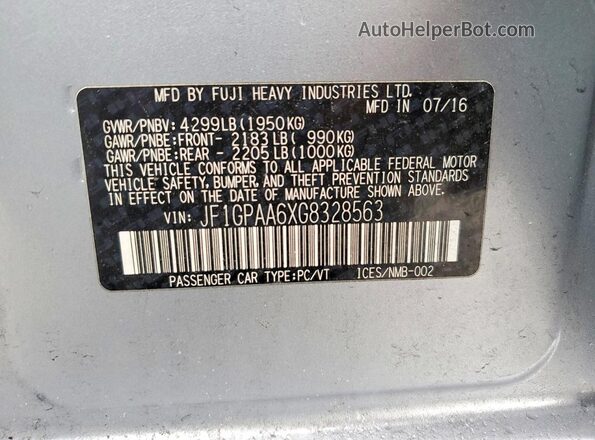 JF1GPAA6XG8328563 2016 SUBARU IMPREZA Silver ძრავის განყოფილების ხედი