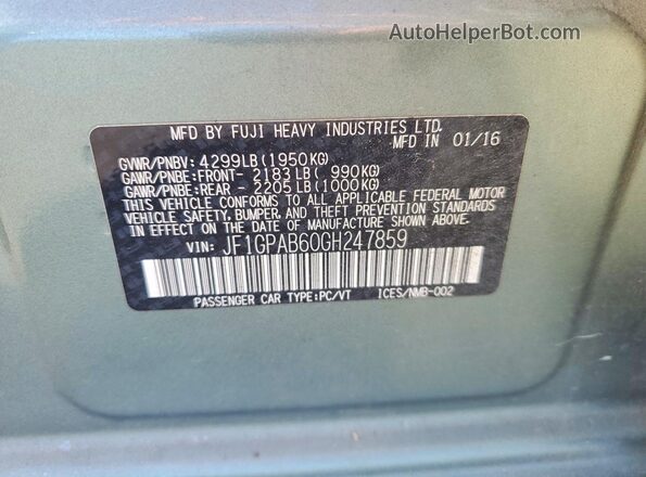 JF1GPAB60GH247859 2016 SUBARU IMPREZA Зеленый Вид подкапотного пространства