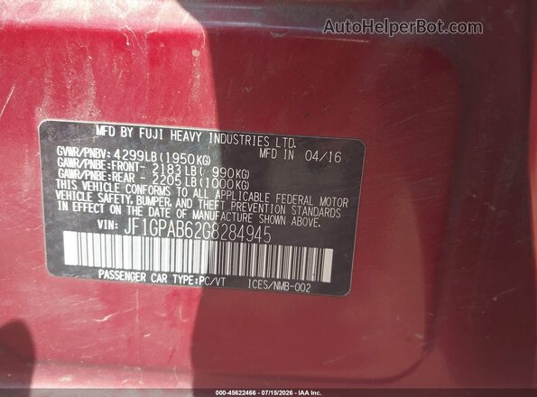 JF1GPAB62G8284945 2016 SUBARU IMPREZA Maroon Շարժիչի բաժամունքի տեսք
