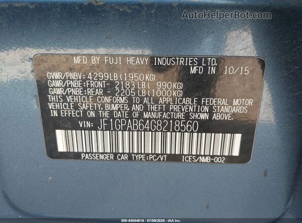 JF1GPAB64G8218560 2016 SUBARU IMPREZA Blue ძრავის განყოფილების ხედი