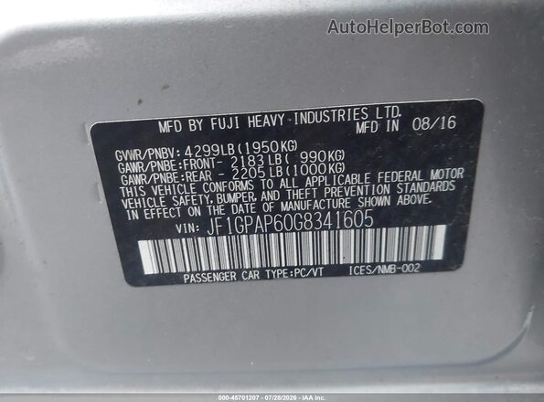 JF1GPAP60G8341605 2016 SUBARU IMPREZA Silver Շարժիչի բաժամունքի տեսք