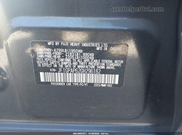 JF1GPAP62GH296182 2016 SUBARU IMPREZA Серый Вид подкапотного пространства