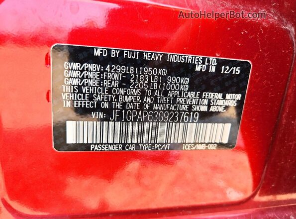 JF1GPAP63G9237619 2016 SUBARU IMPREZA Red Engine compartment view