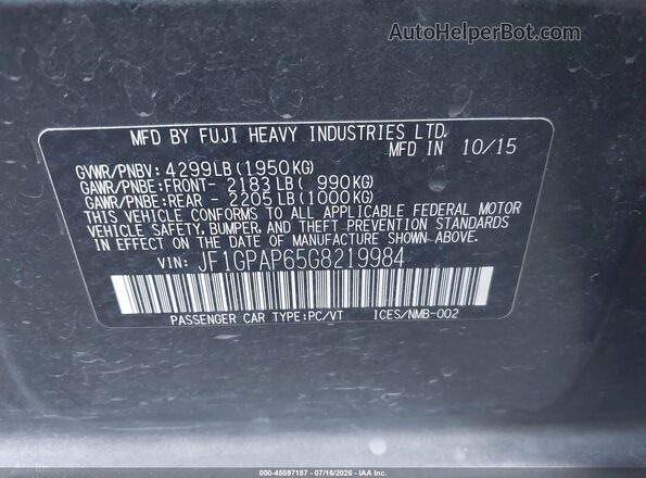 JF1GPAP65G8219984 2016 SUBARU IMPREZA Gray Вид підкапотного простору