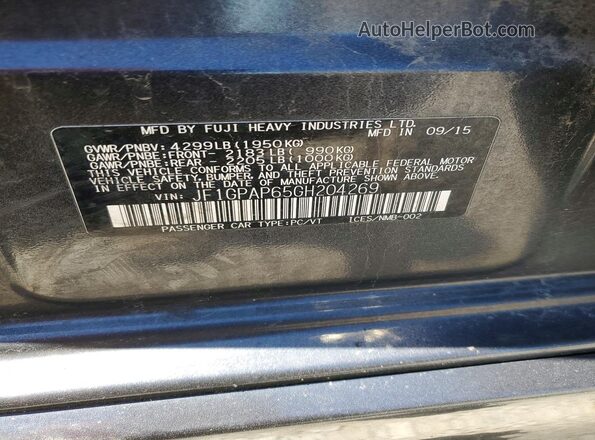 JF1GPAP65GH204269 2016 SUBARU IMPREZA Charcoal Панорамний вид салону 360°