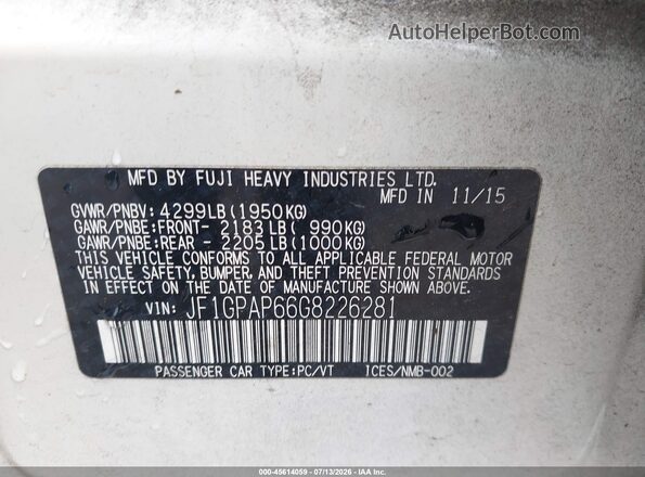 JF1GPAP66G8226281 2016 SUBARU IMPREZA Белый Вид подкапотного пространства