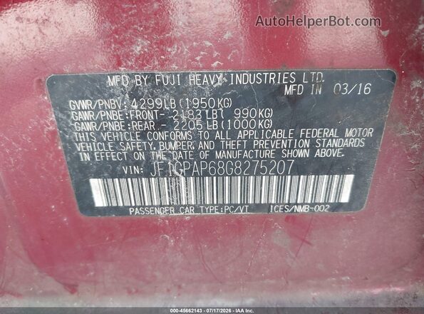 JF1GPAP68G8275207 2016 SUBARU IMPREZA Burgundy Շարժիչի բաժամունքի տեսք