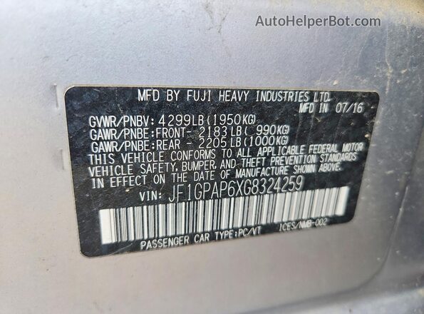 JF1GPAP6XG8324259 2016 SUBARU IMPREZA Silver Вид підкапотного простору