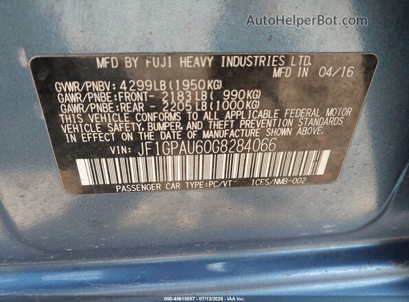 JF1GPAU60G8284066 2016 SUBARU IMPREZA Синий Вид подкапотного пространства